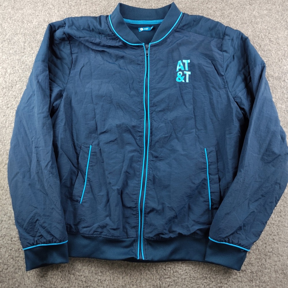 AT&T Mens Navy Blue Full Zip Bomber Jacket Medium Tech Corporate Logo Nylon